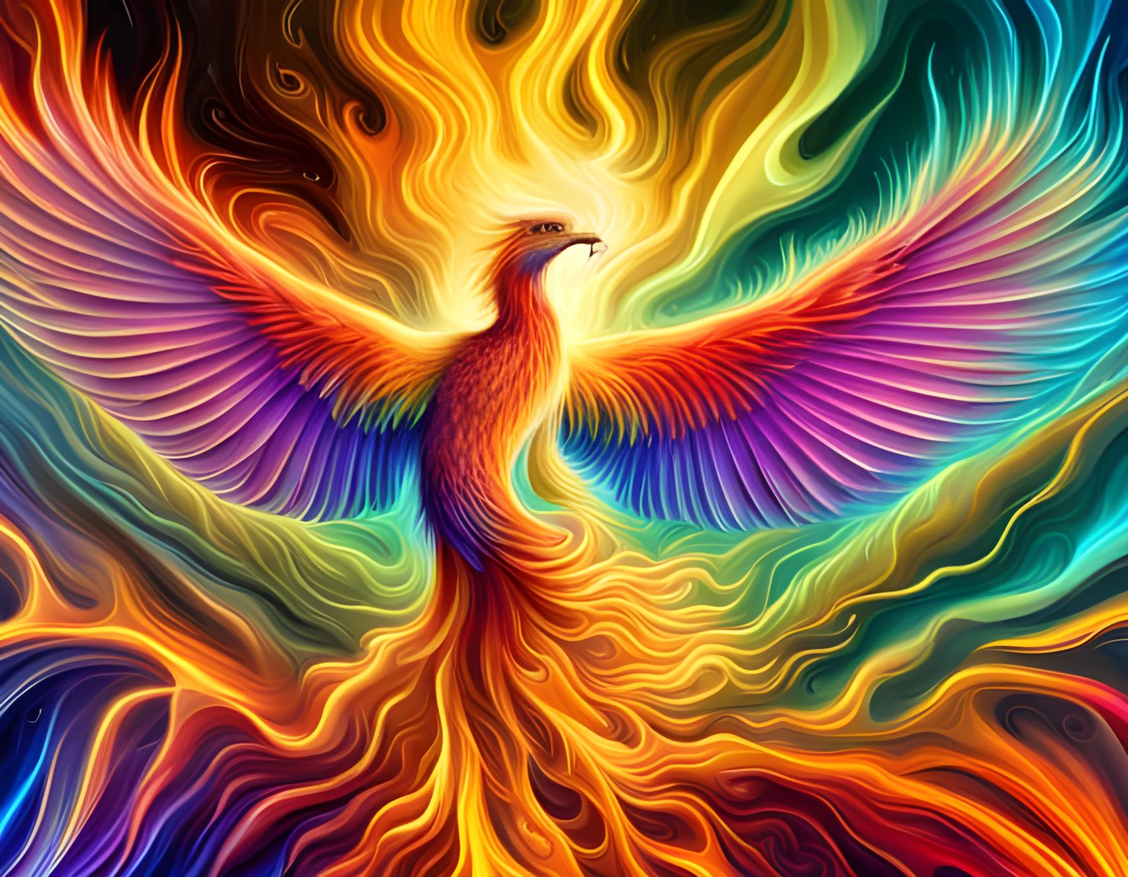 Rainbow coloured Phoenix rising from adversity