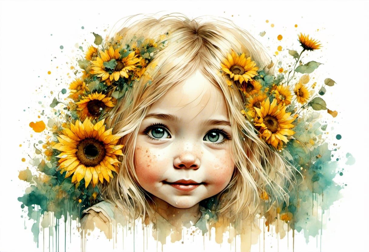 Sunflower Princess Spreading Joy as Ink Painting