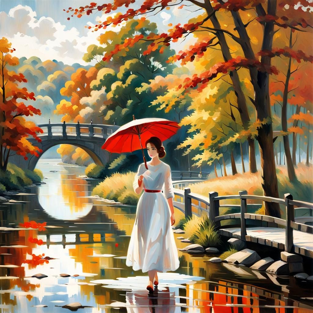 Woman with Red Umbrella in Autumn Landscape