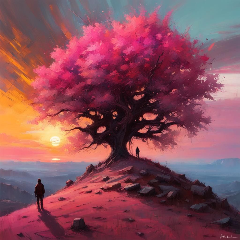 Sunset Hill with Pink Tree: Detailed Matte Painting
