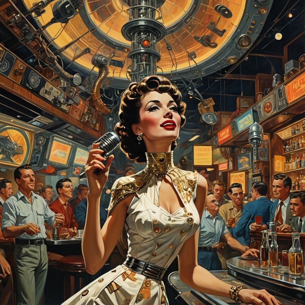 Retrofuturistic Singer Performing for Aliens and Robots