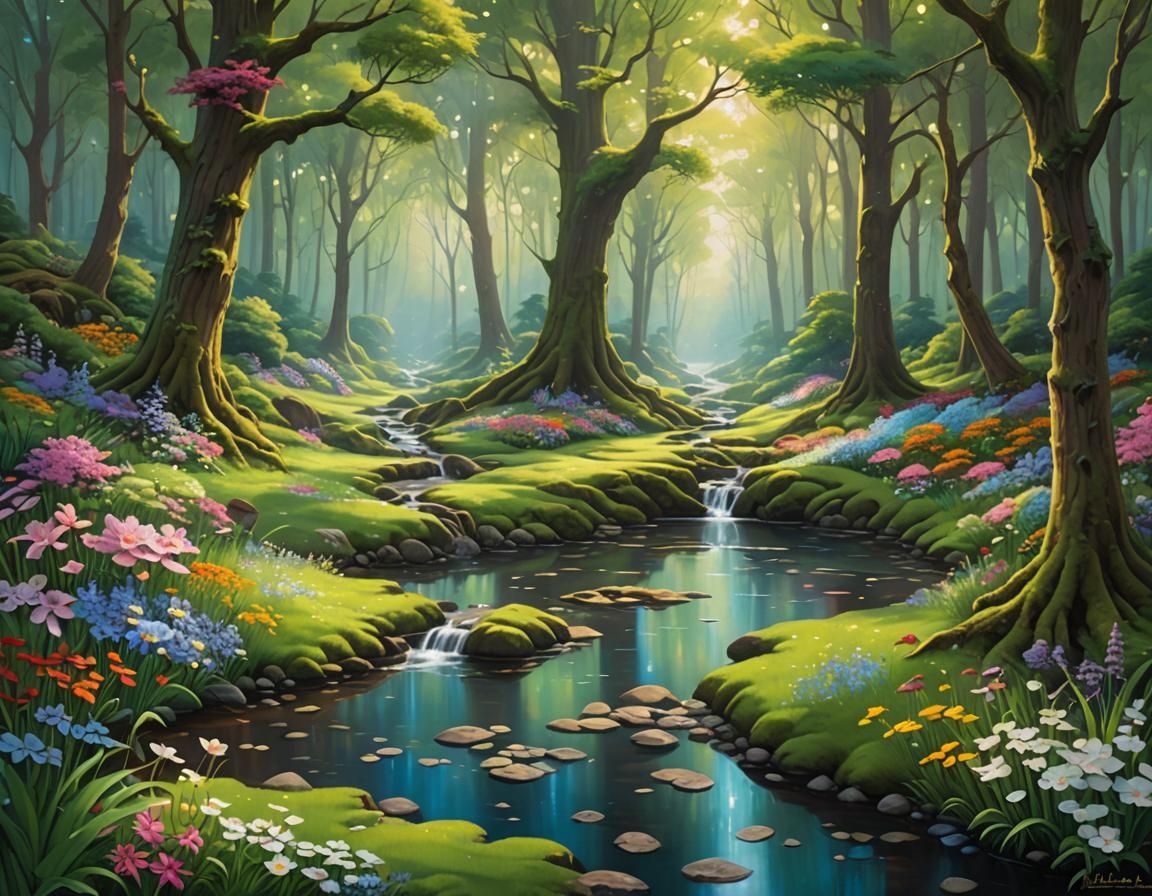 Flowered Grove Campsite: Cozy Fantasy Oil Painting