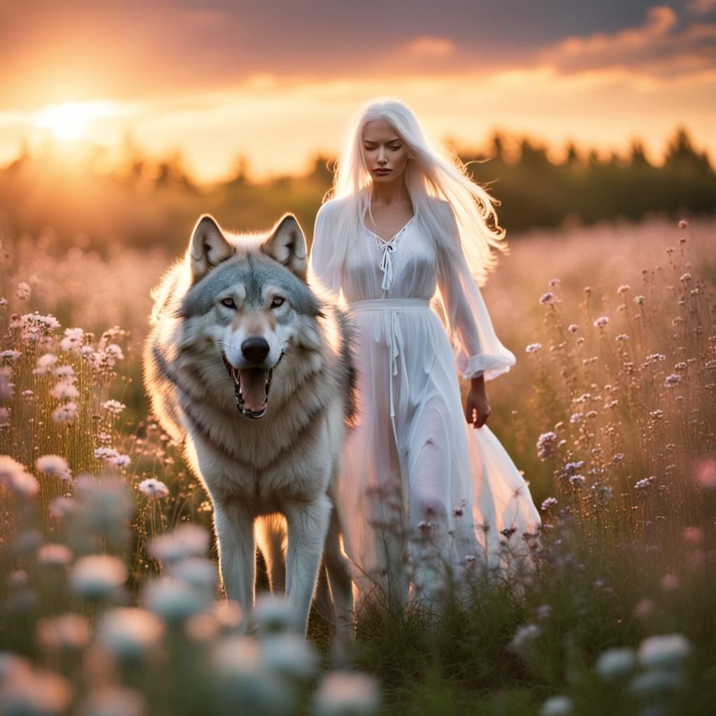 Woman and Wolf Stroll Through Flower Field