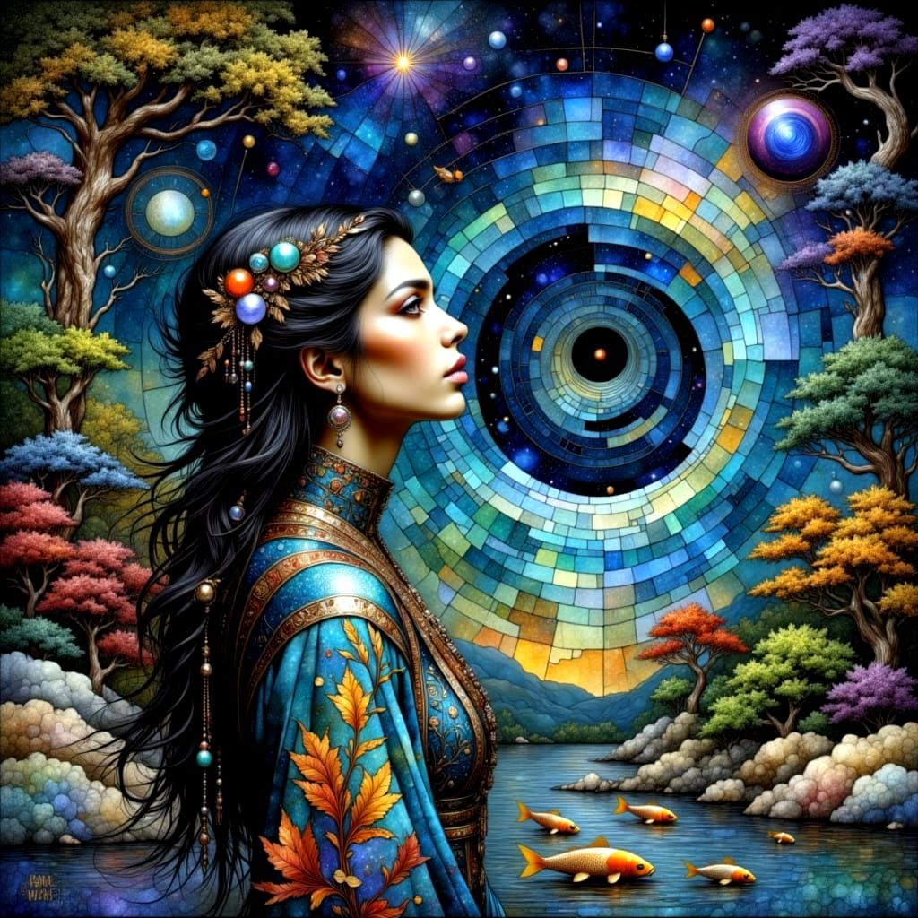 Ethereal Japanese Garden Scene at Dusk with Cosmic Accents