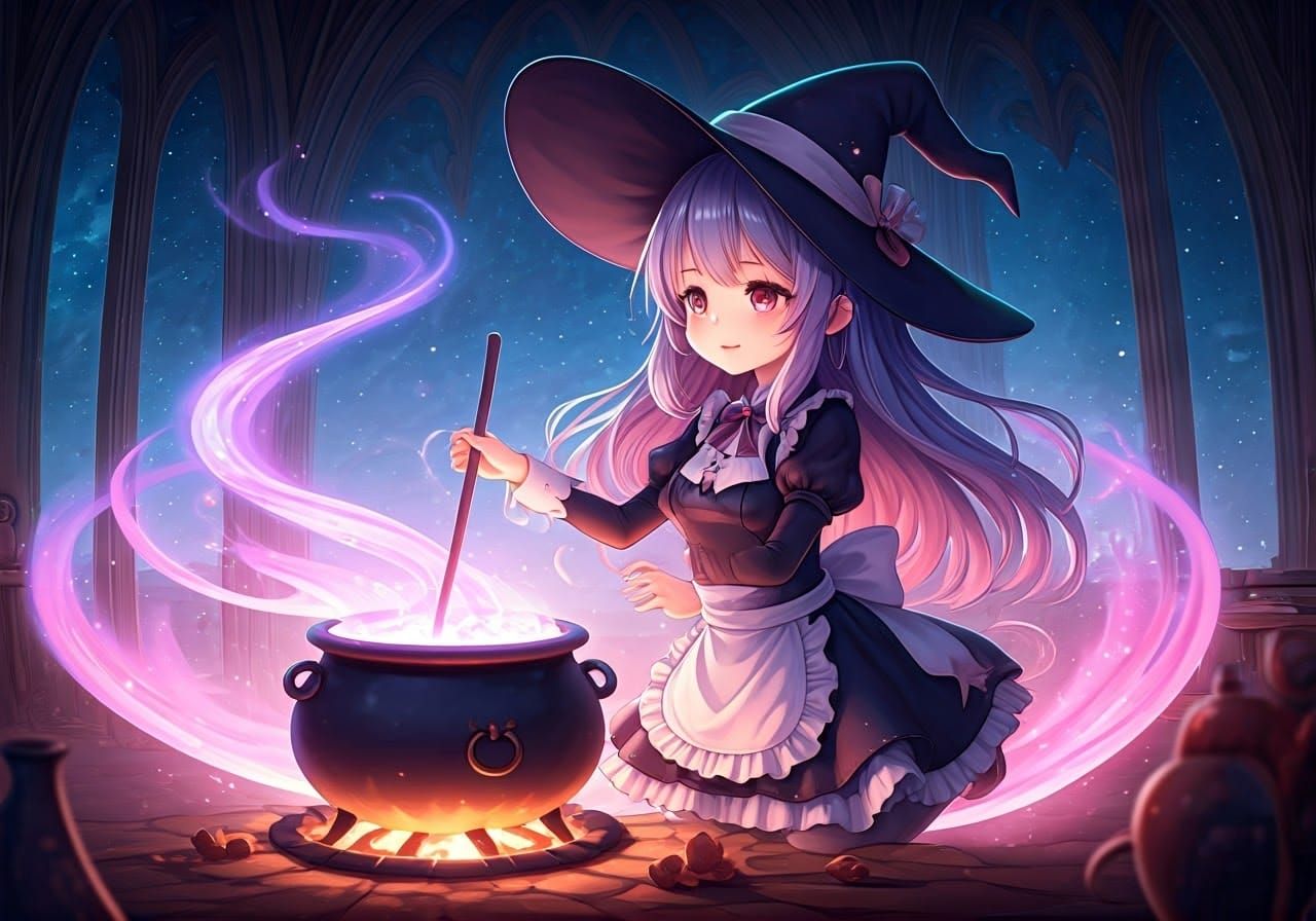 Chibi Witch Stirring Magic Cauldron in Anime Style