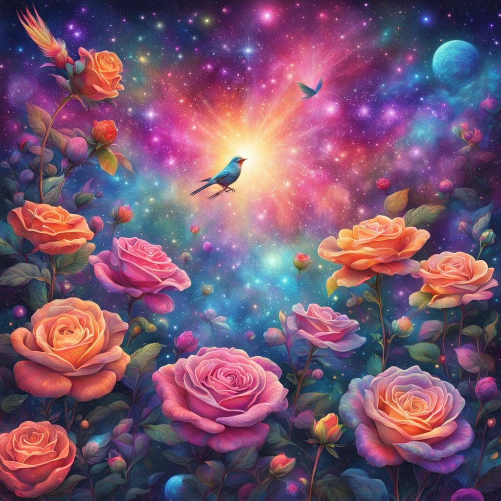 Celestial Rose Garden in Vibrant Mixed Media Style