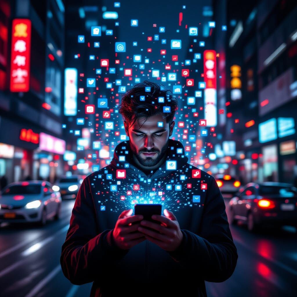 Faceless Man Overwhelmed by Cyberpunk City Chaos