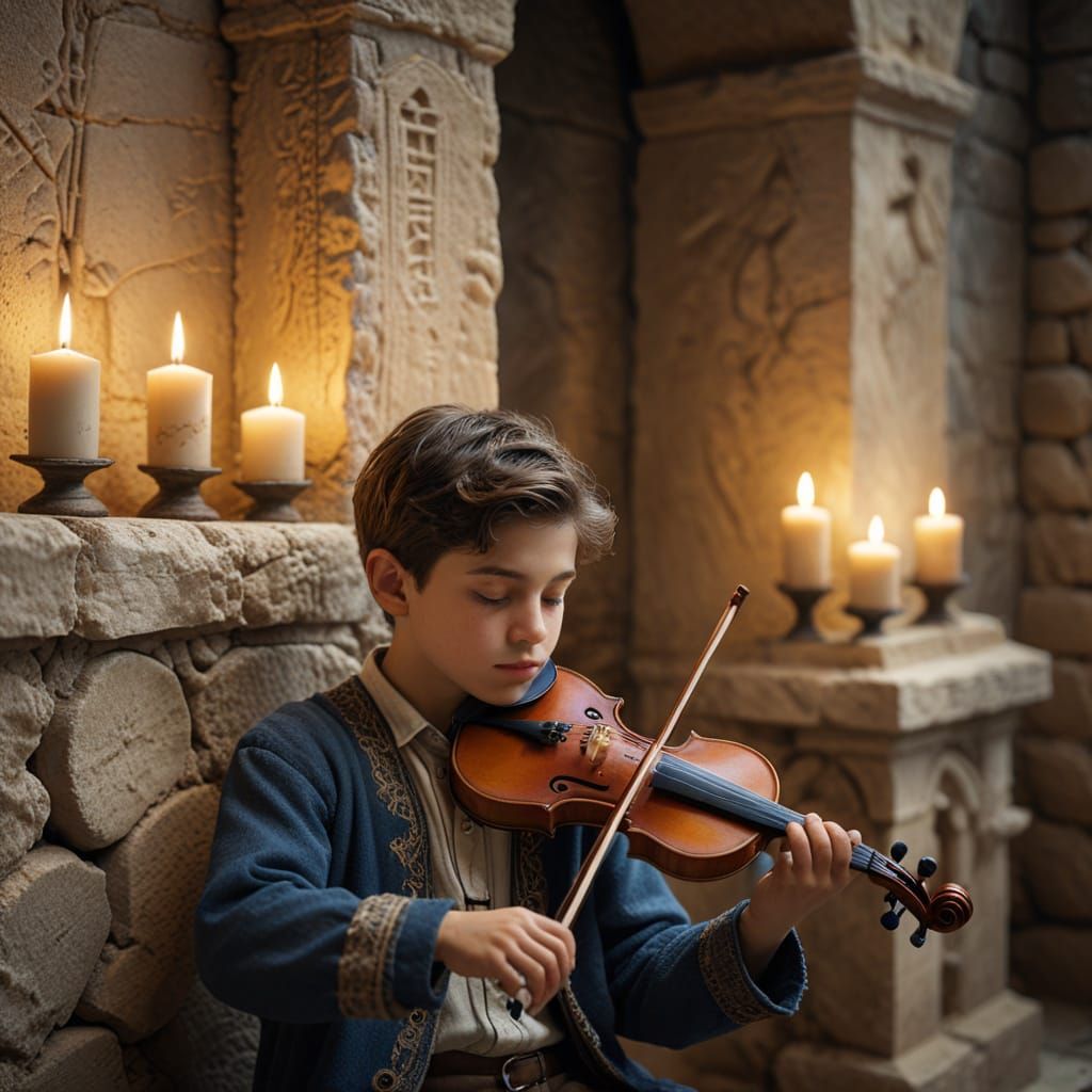 Young Boy Plays Violin Near Tomb in Ultra-Realistic Style