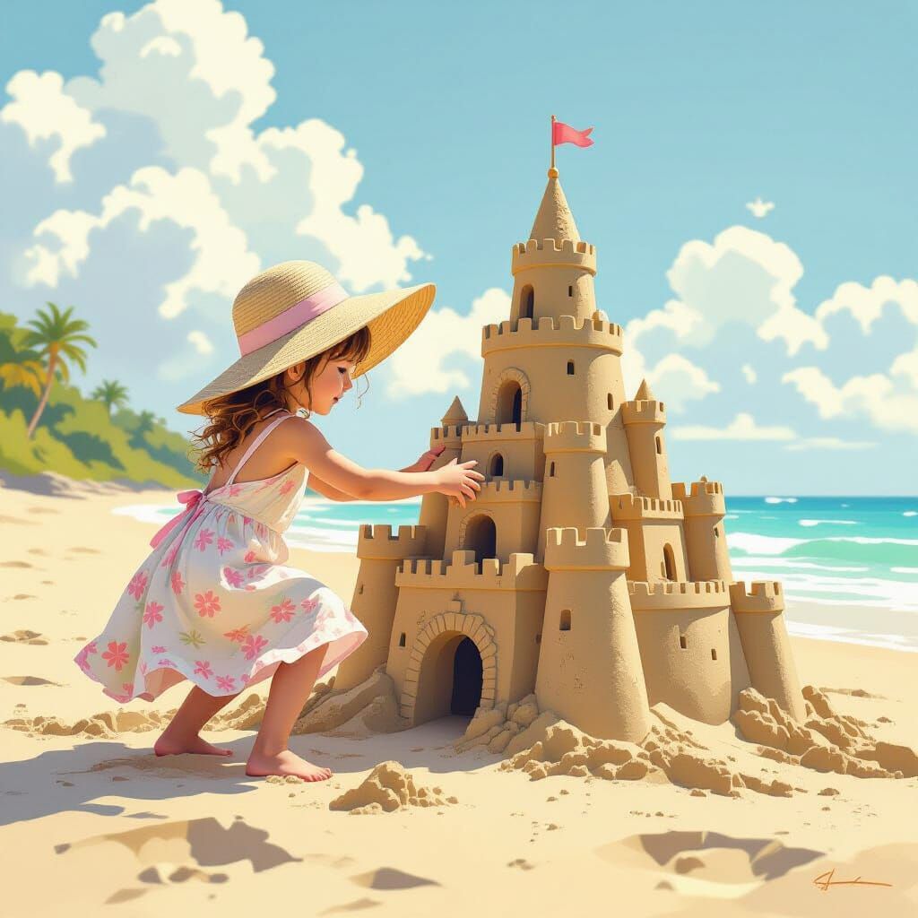Child Builds Sandcastle on Sunny Beach: Digital Art