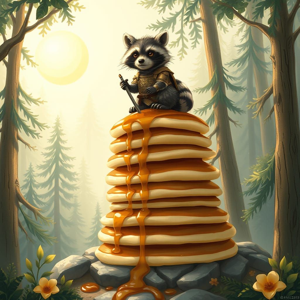 Armored Raccoon Guards Pancake Stack, Beatrix Potter Style