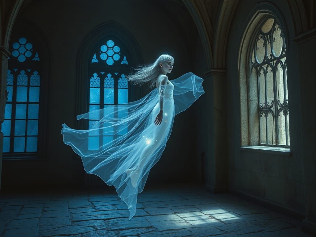 Ethereal Ghost Girl in Medieval Castle