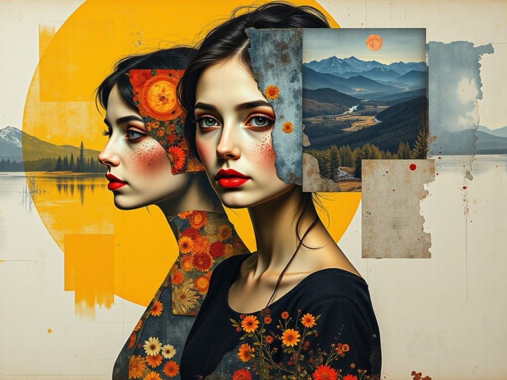 Cubist Collage Portrait with Floral and Winter Elements