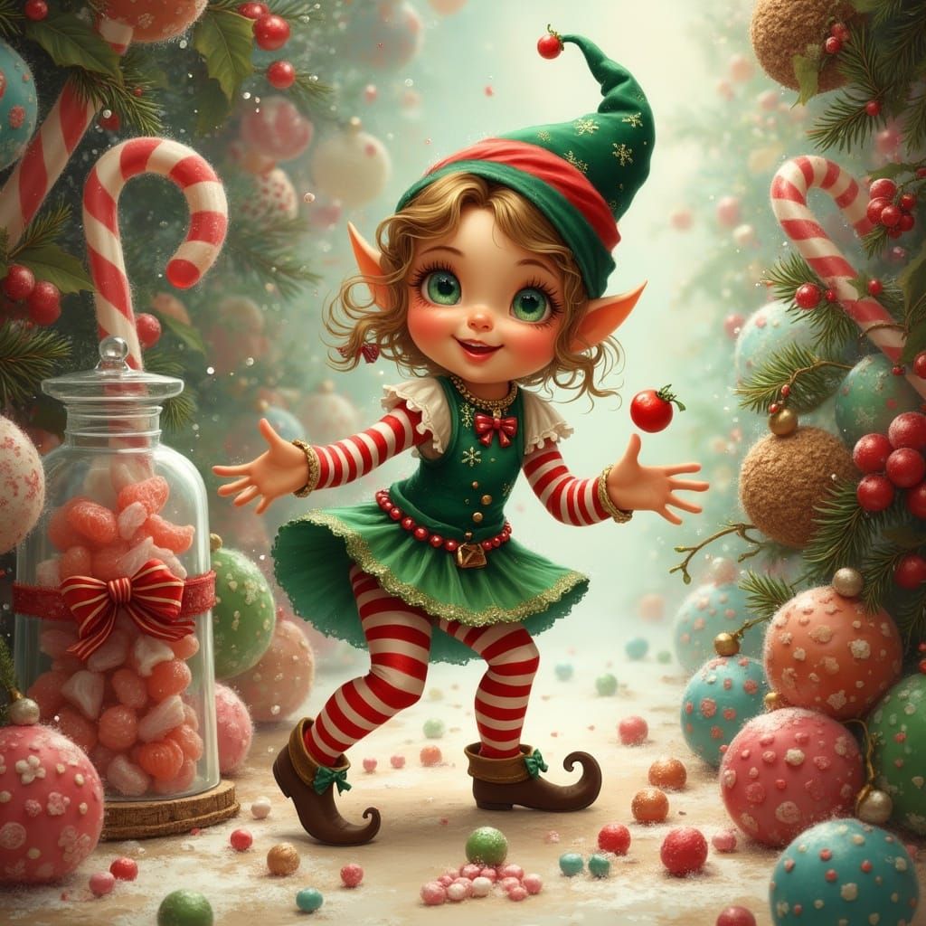 <lora:Whimsical Witches:0.25> cute adorable little whimsical elf in Christmas colors causing mischief in a candy store w...