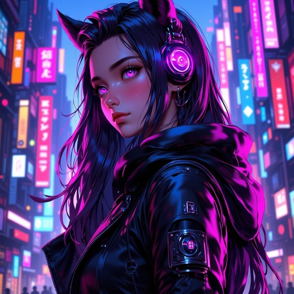 Cyber Wolf Girl in Futuristic Cityscape