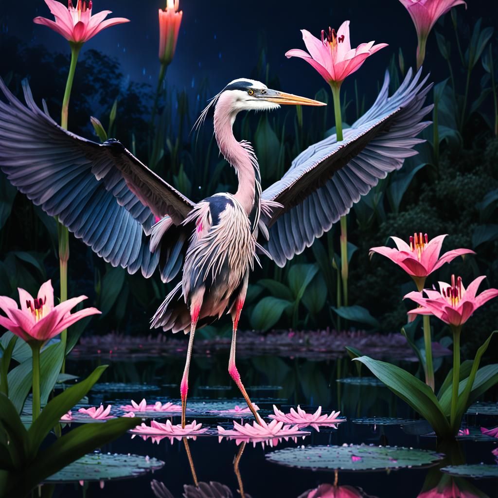 Heron in Lily Garden Double Exposure at Night