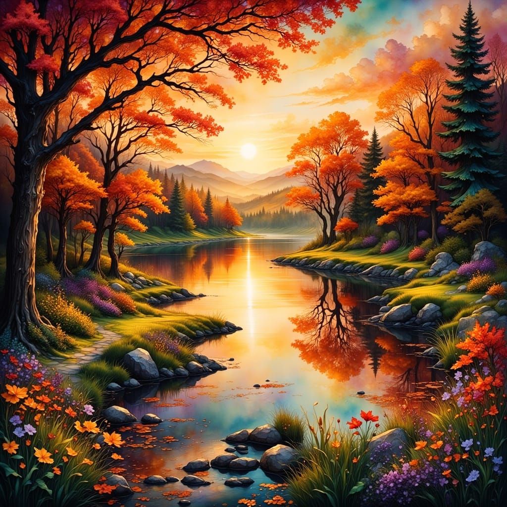 Vermont Sunset in Orange Fantasy Ink Style