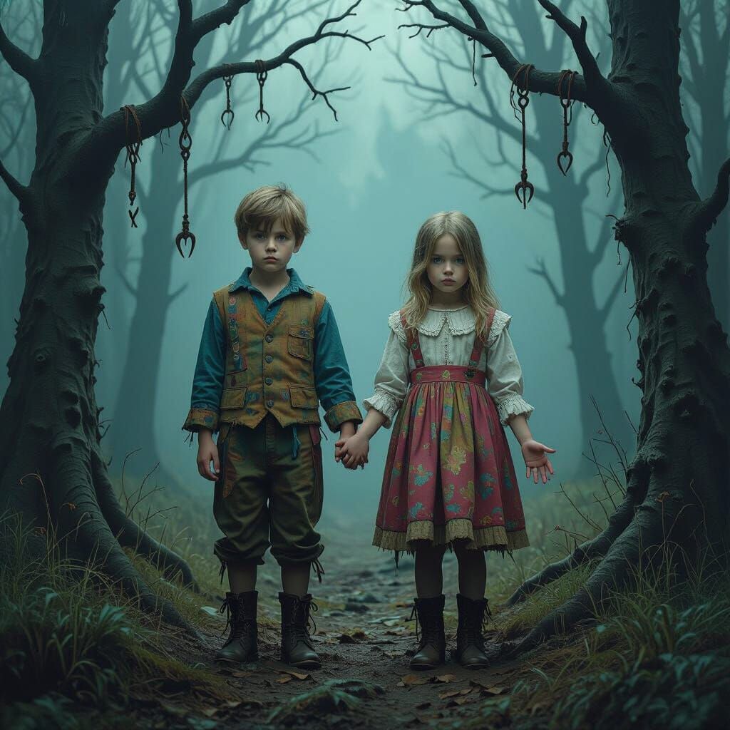 Twins in a Mystical Forest: Dark Realism