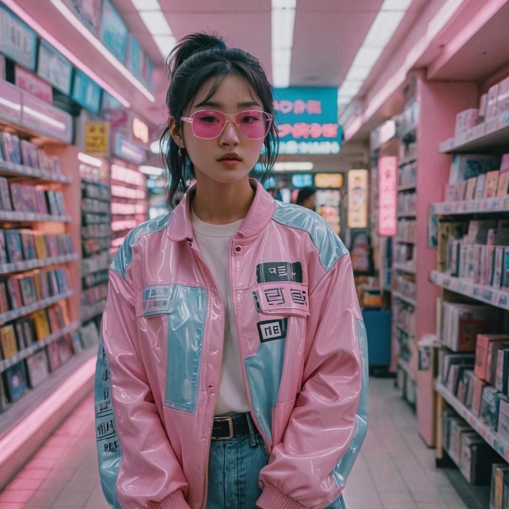 Vaporwave Korean Model in Retro Mall
