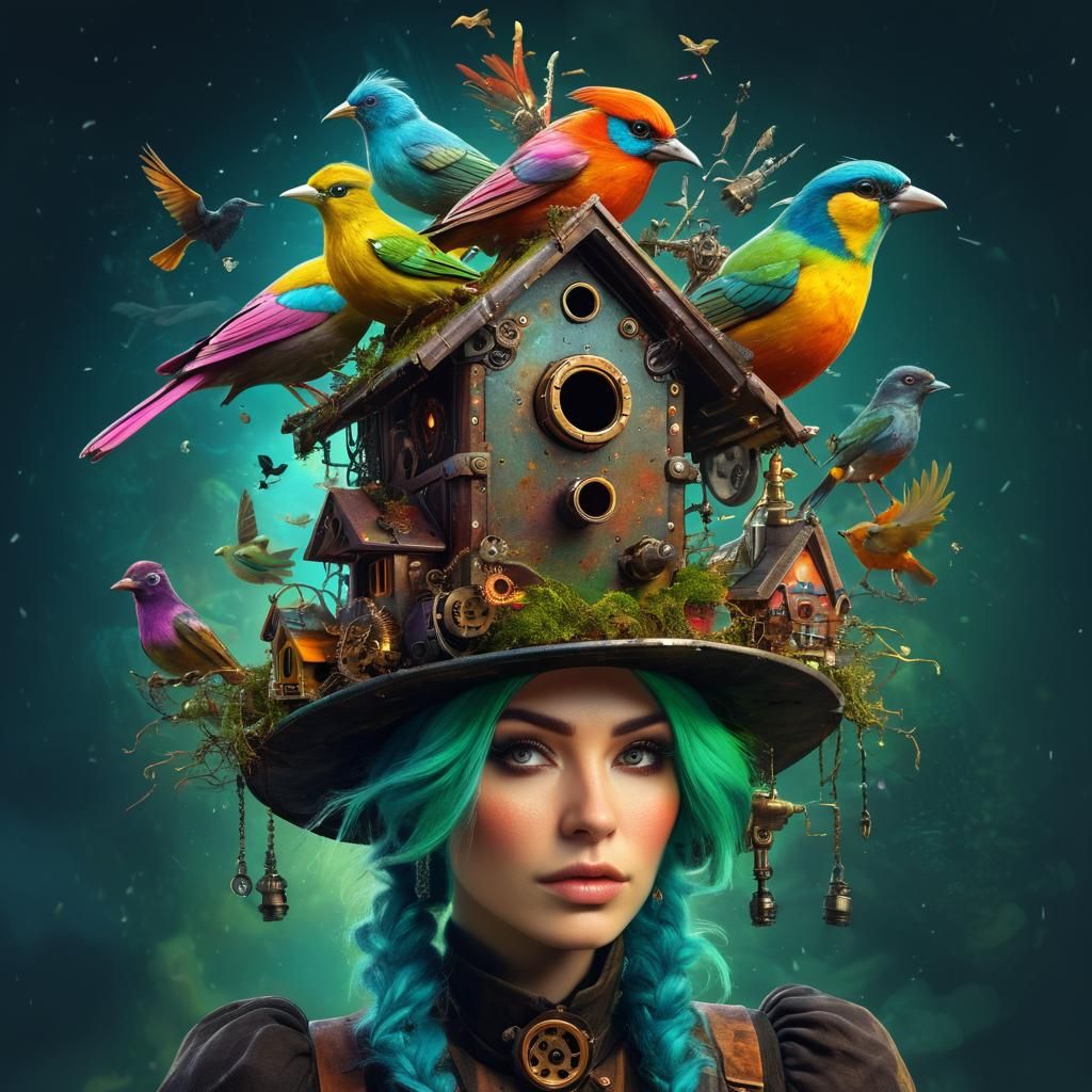 Steampunk Lady with Birdhouse Hat on Alien Planet