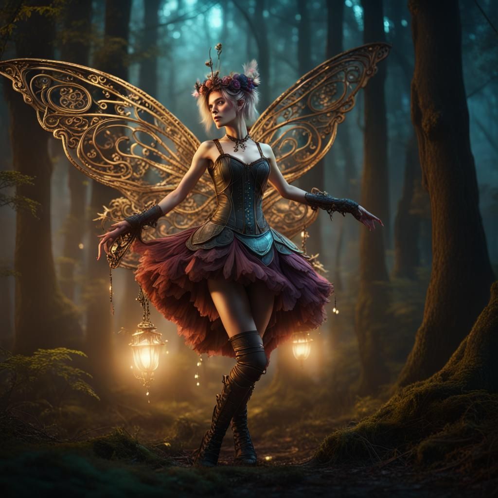 Steampunk Fairy Dancing in Dark Forest