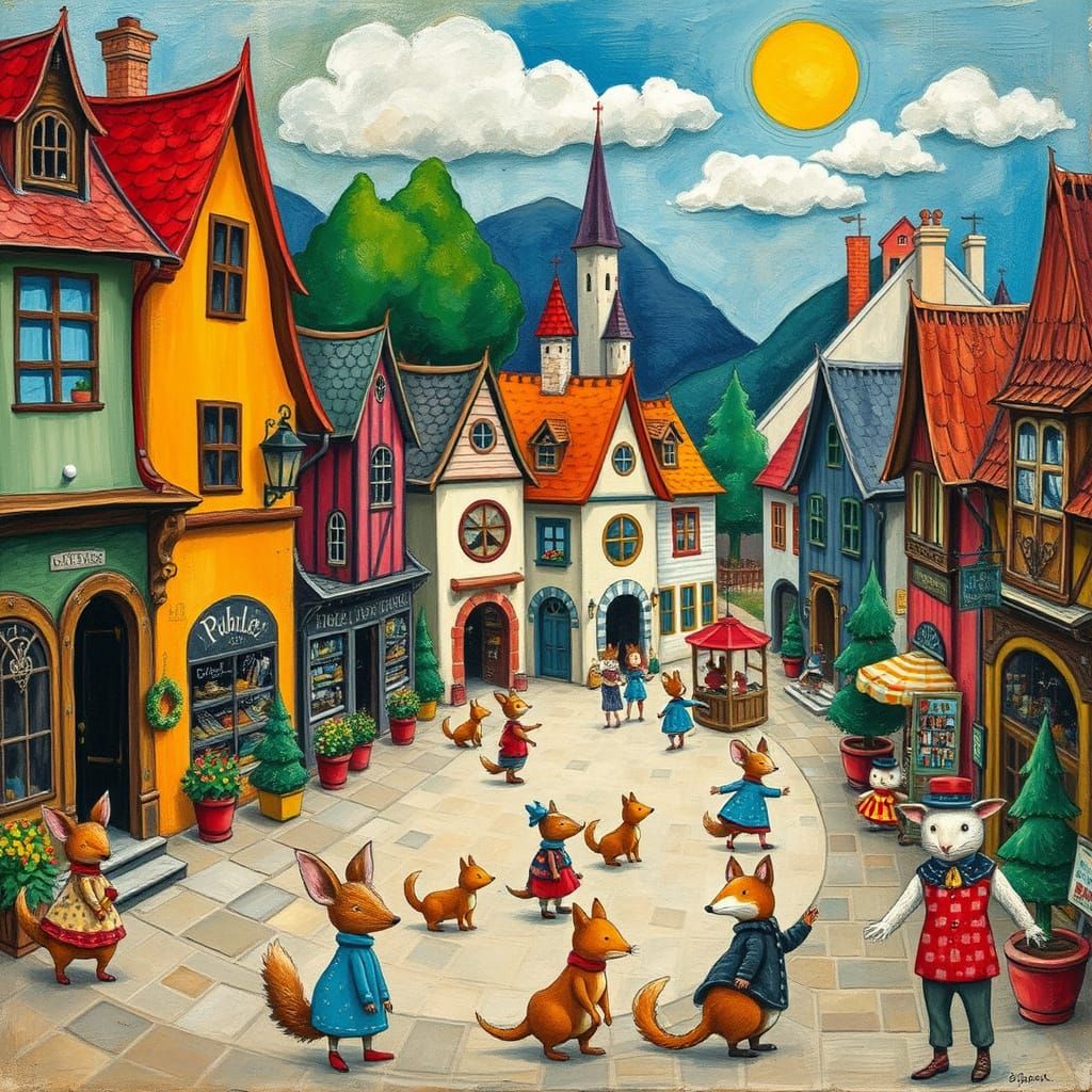 Whimsical Village Scene in Vibrant Dreamlike Style