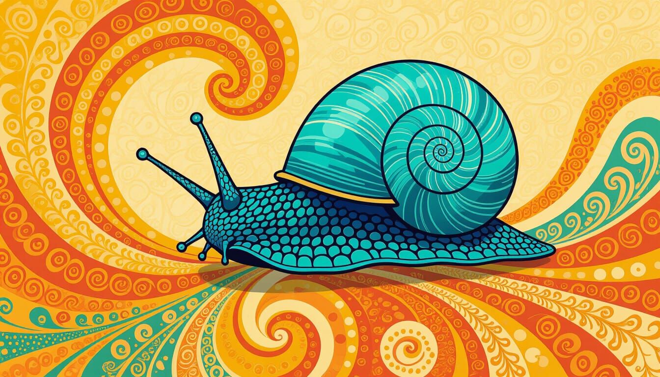 Snail Exploring Swirling Pattern, Op Art Style