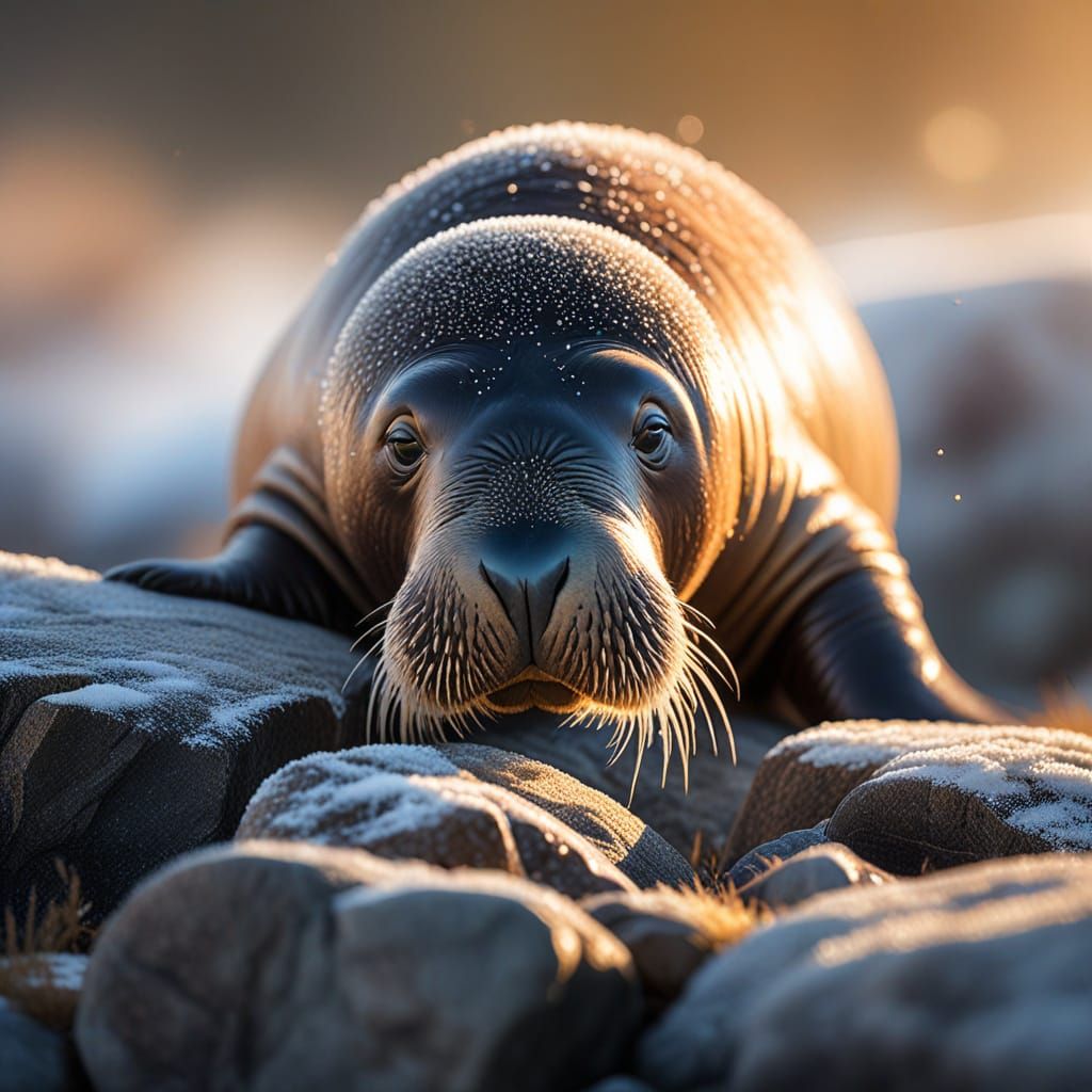 Sparkling Macro Shot of Baby Walrus on Ice