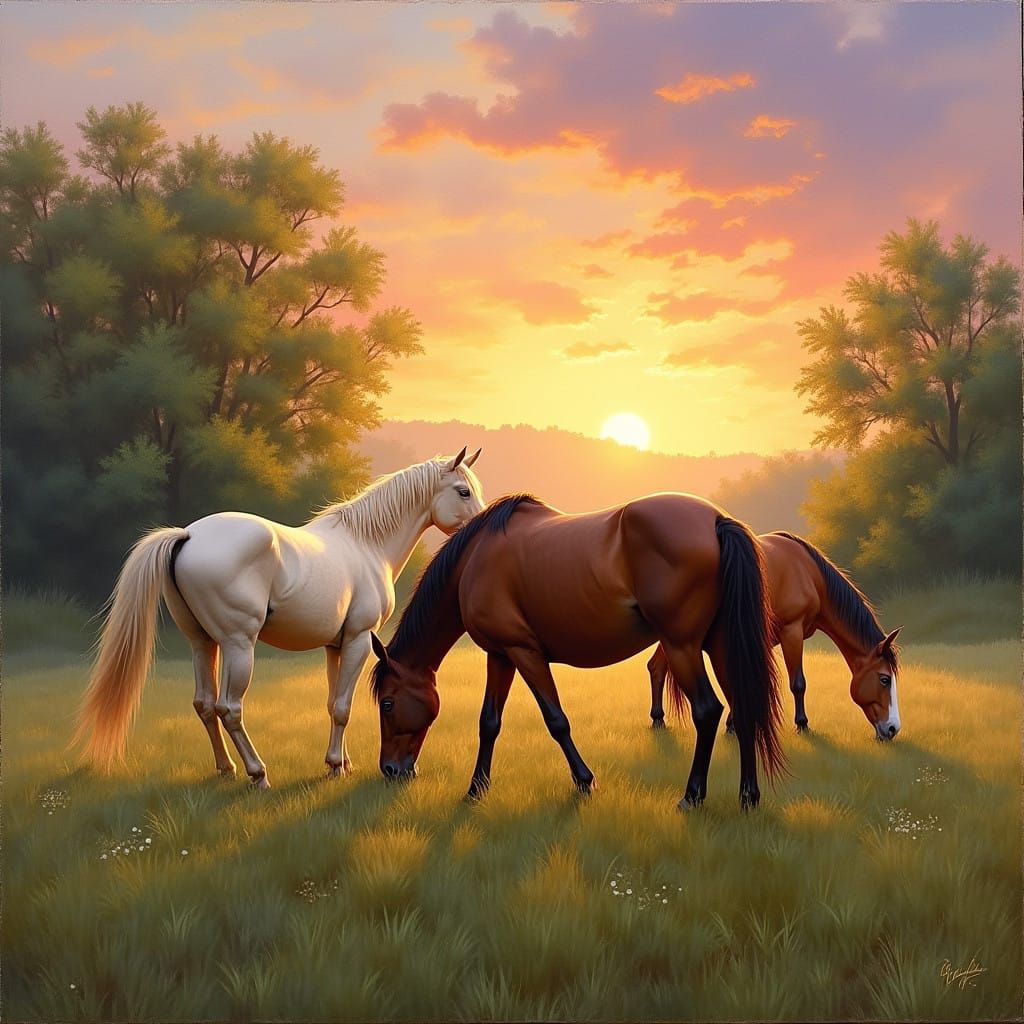 Majestic Horses in Warm Sunset Glow, Impressionist Oil Paint...