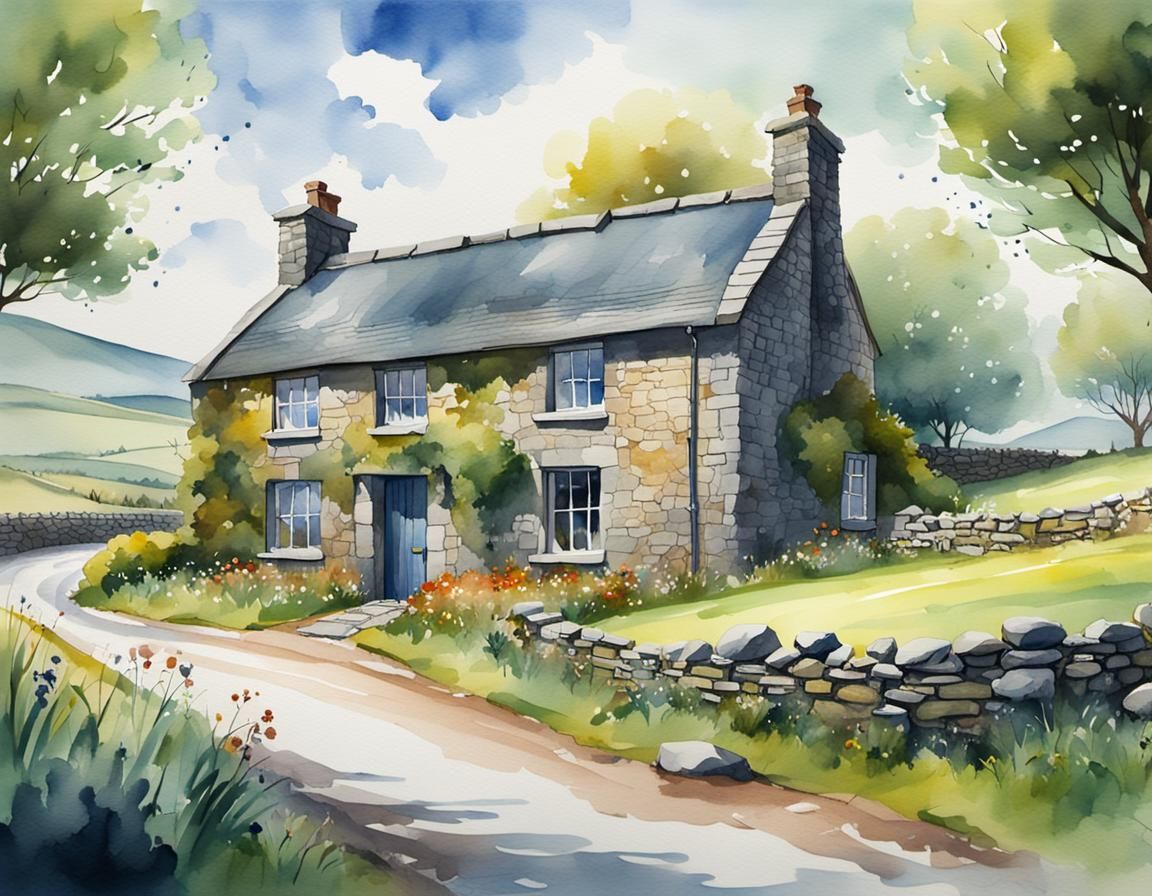 Irish Cottage in Watercolor Landscape