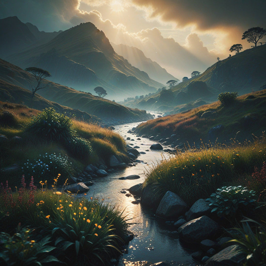 Glimmering Hills and River in 35mm Film Style