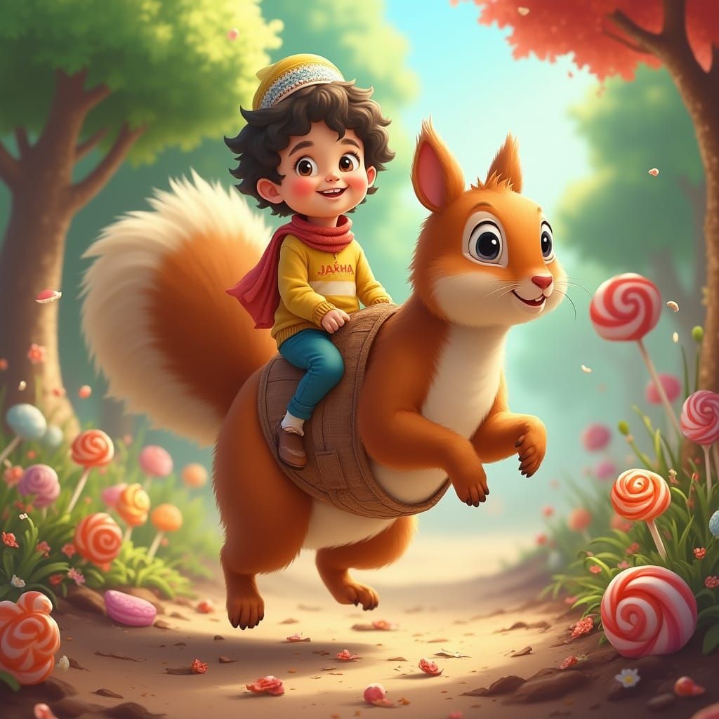 Boy Rides Squirrel Through Candy Forest, Dreamy Art