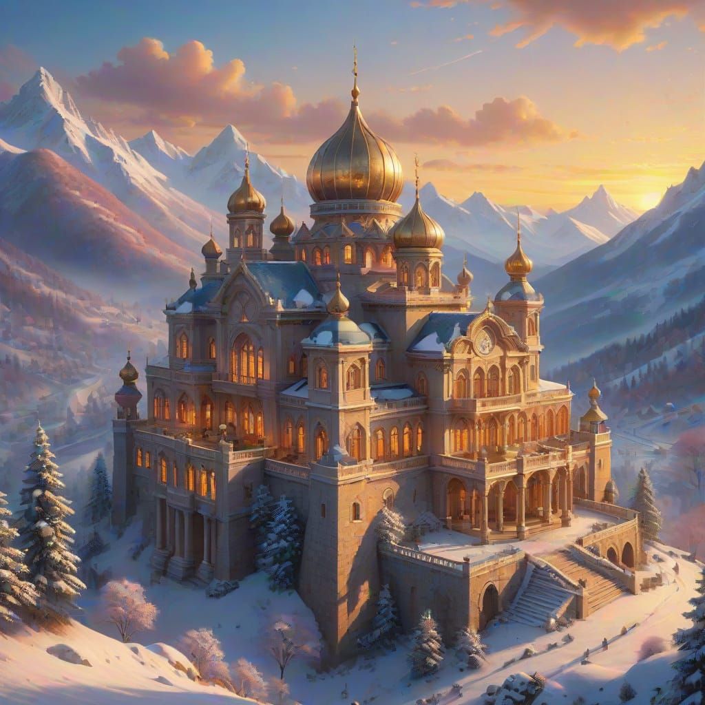 Whimsical Palace Amidst Snowy Peaks
