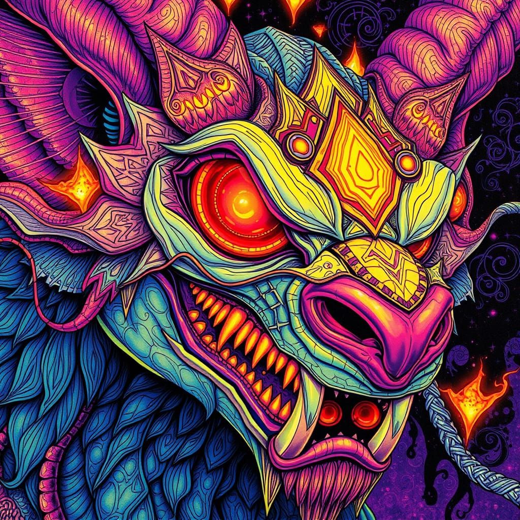 Psychedelic Animal Demon Art in Ornate Line Style