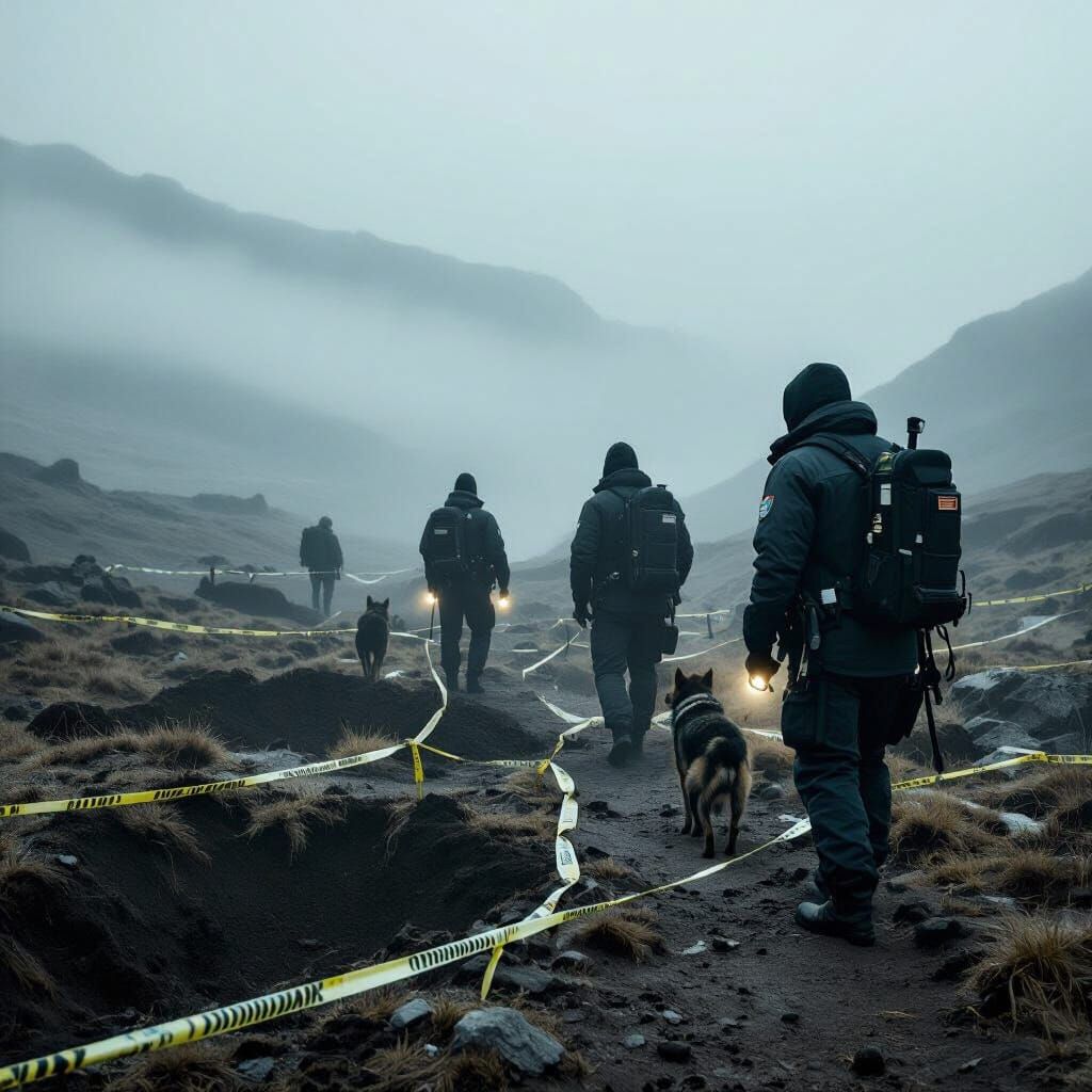 Police Search Team in Fog-Shrouded Mountain Landscape