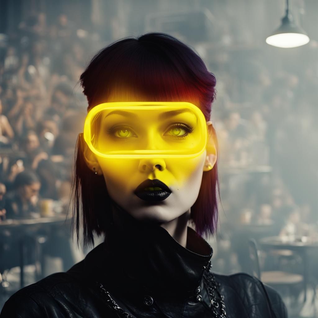 Neon Goth Fashion Model in Smoky Coffee Shop