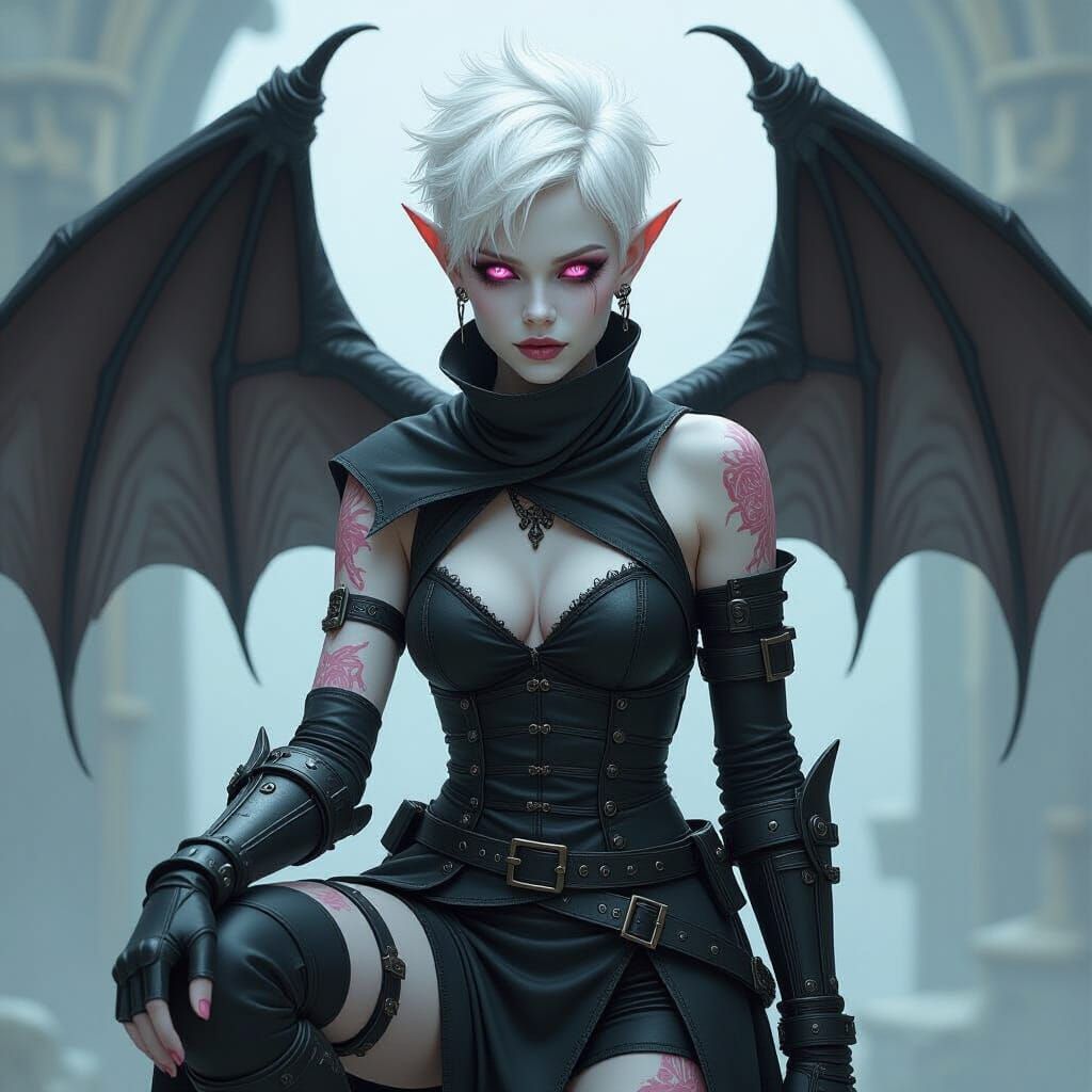 Albino Tiefling with Mechanical Limbs in Dark Fantasy