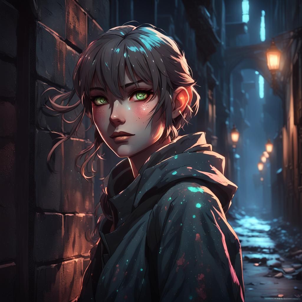 Sinister Anime Girl in Dark Alleyway Portrait