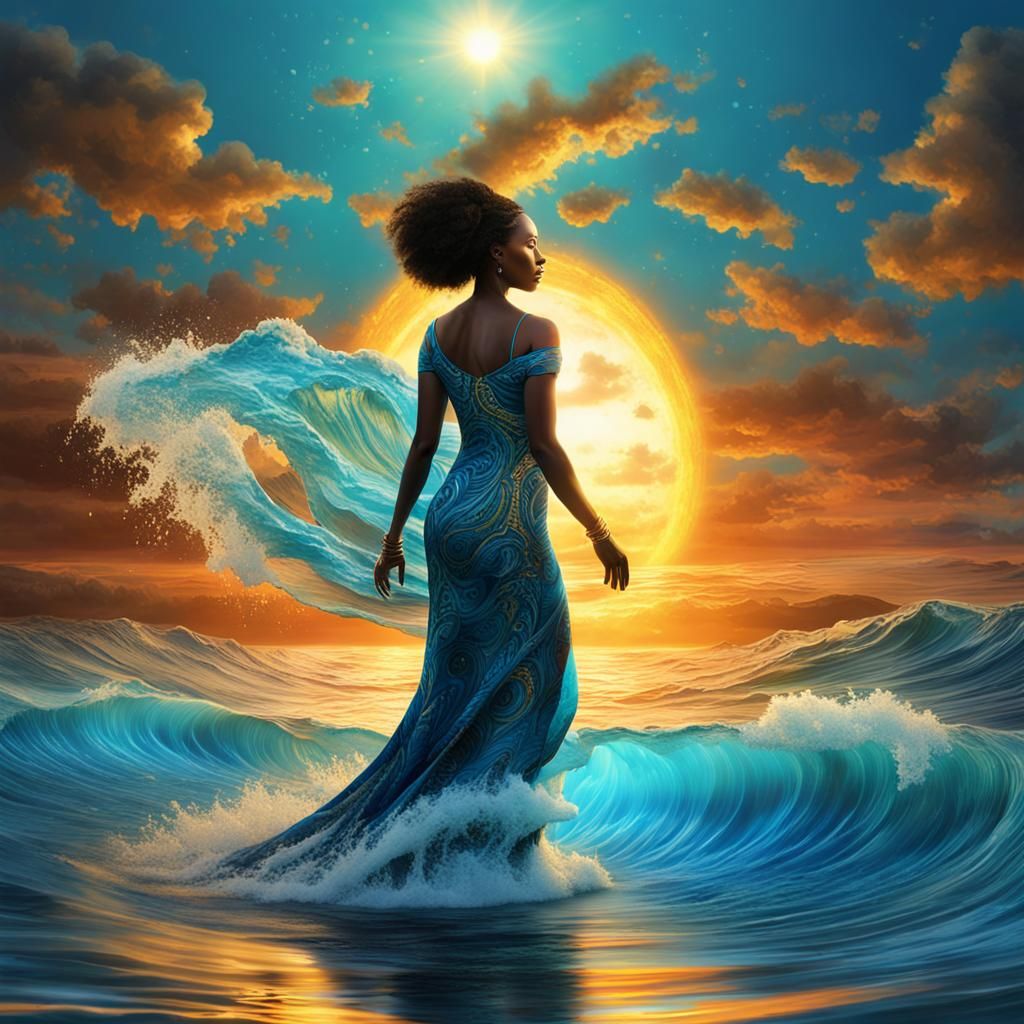 Bioluminescent Wave with Woman in Flowing Dress