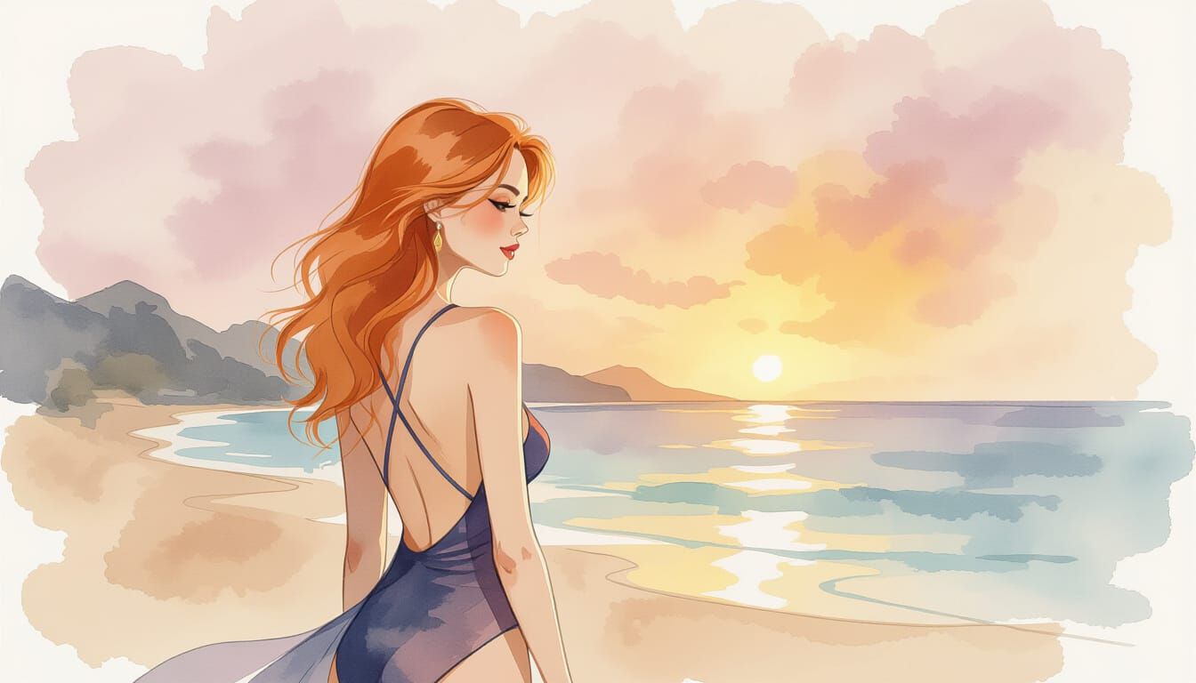 Minimalist Line Art of a Ginger Woman in Slingshot Swimsuit