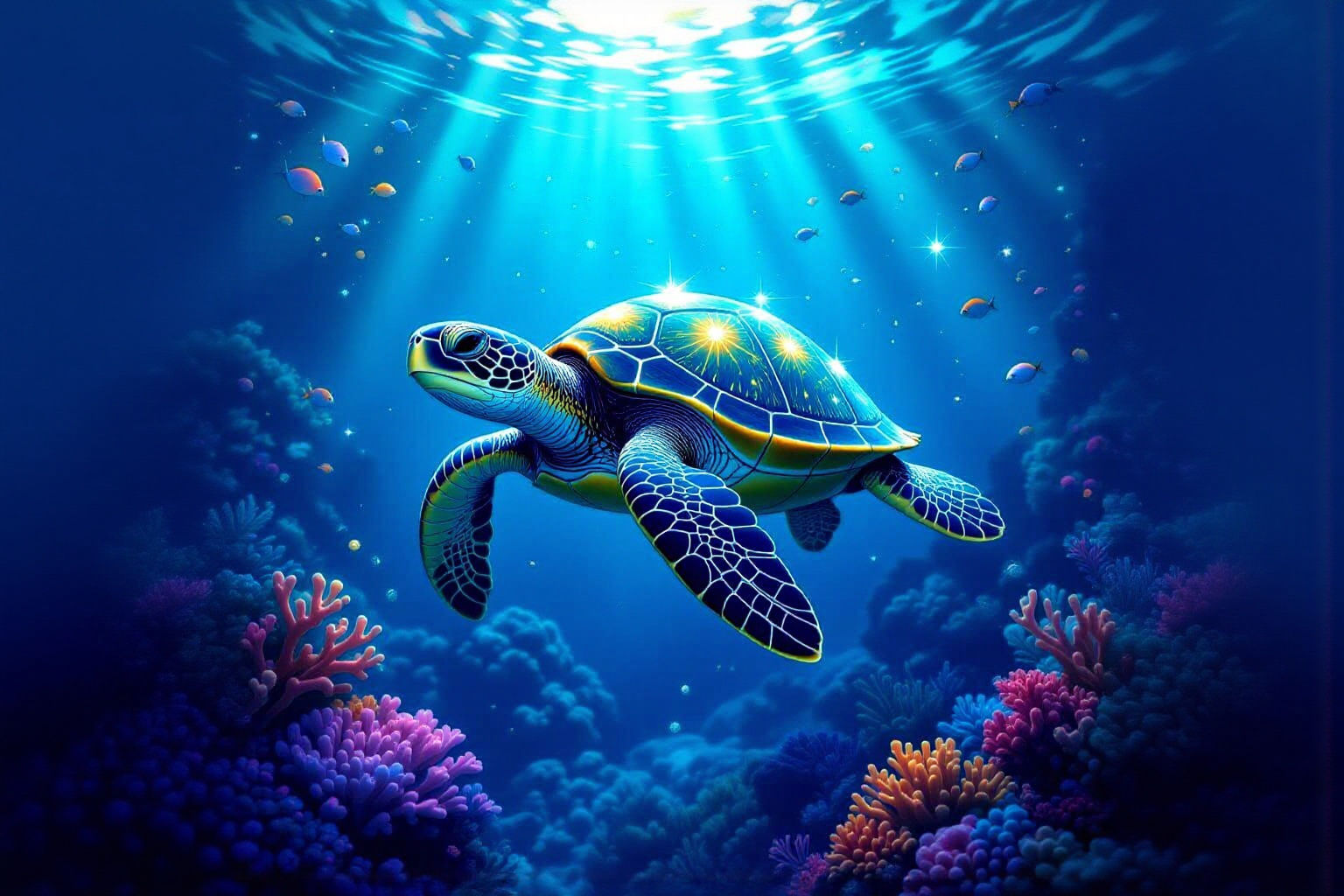 Celestial Sea Turtle Gliding Through Bioluminescent Coral