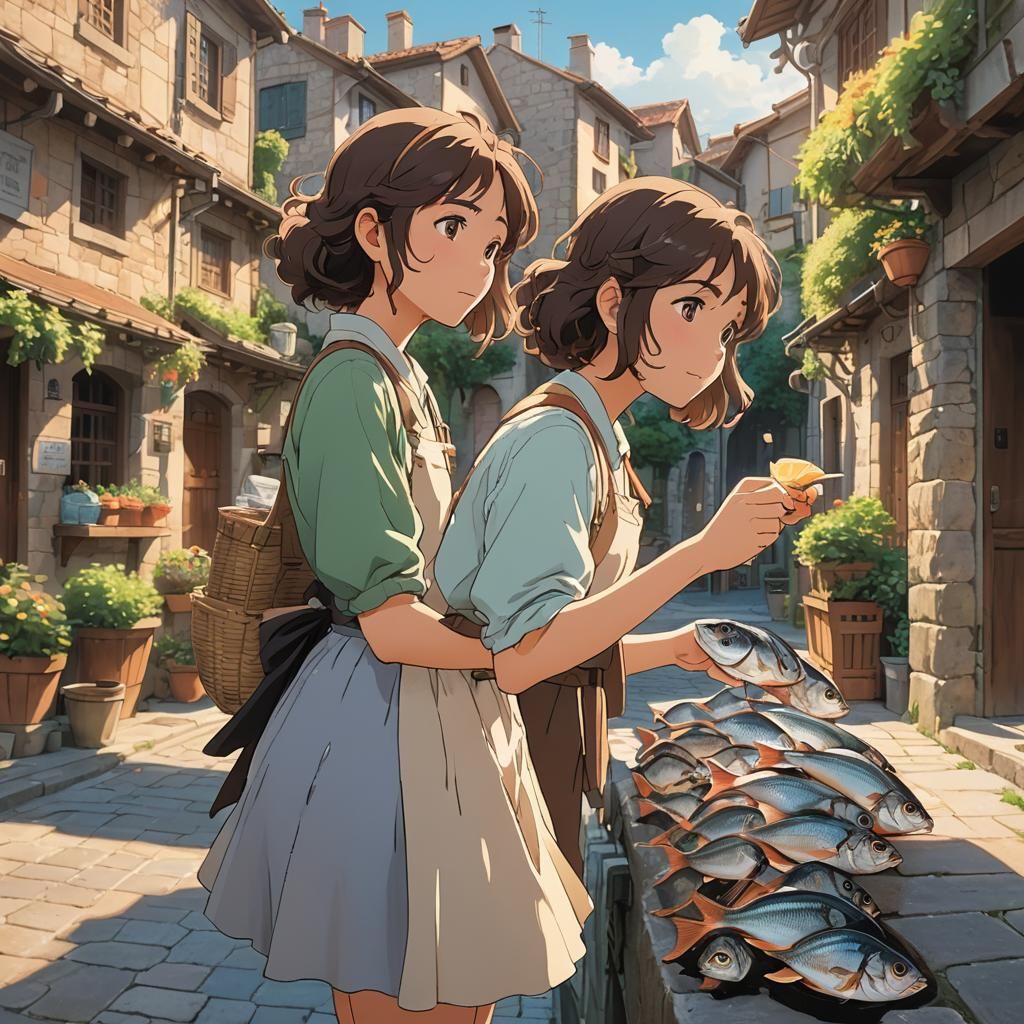 Italian Girl at Fish Market in Ghibli Style