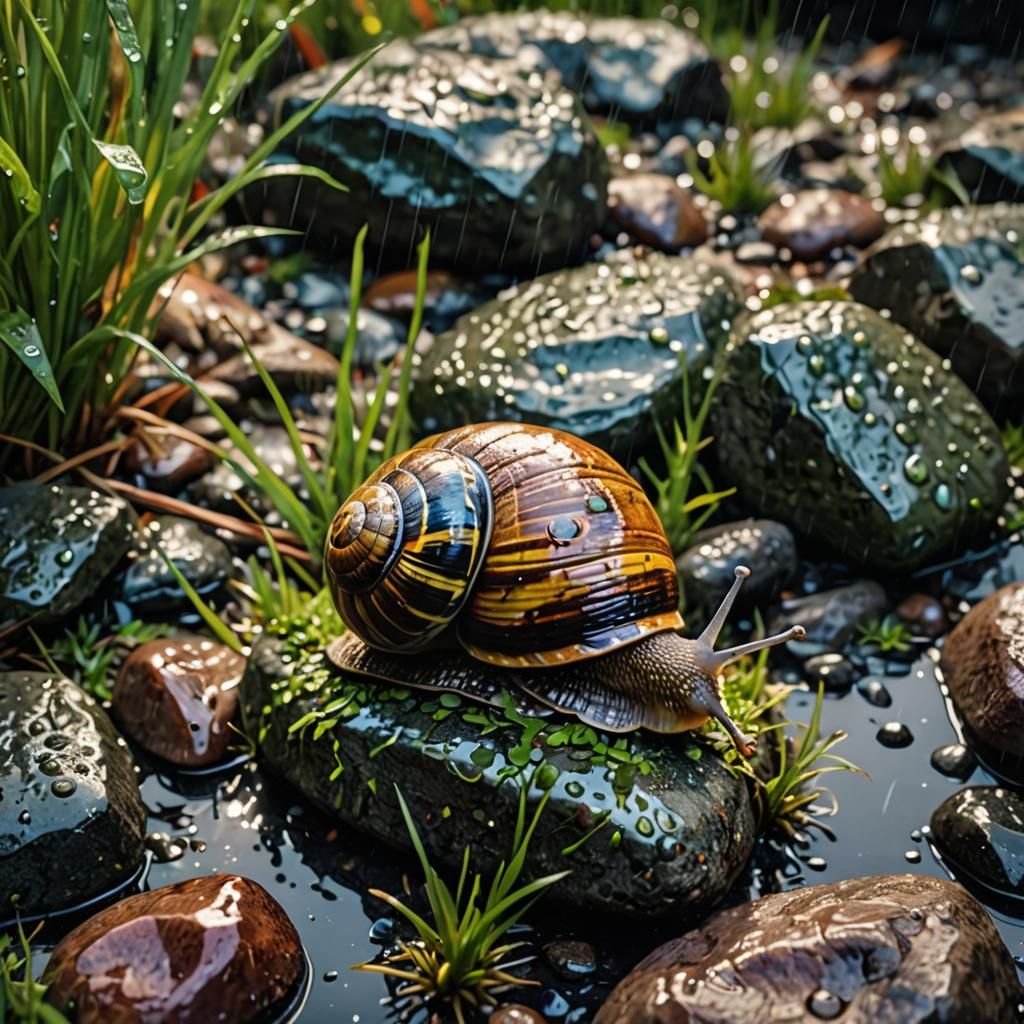 Snail on Rain-soaked Rocks: Hyperrealistic Image