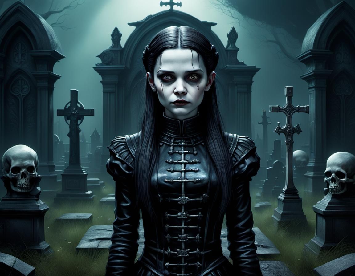 Wednesday Addams Graveyard Portrait in Dark Fantasy Style
