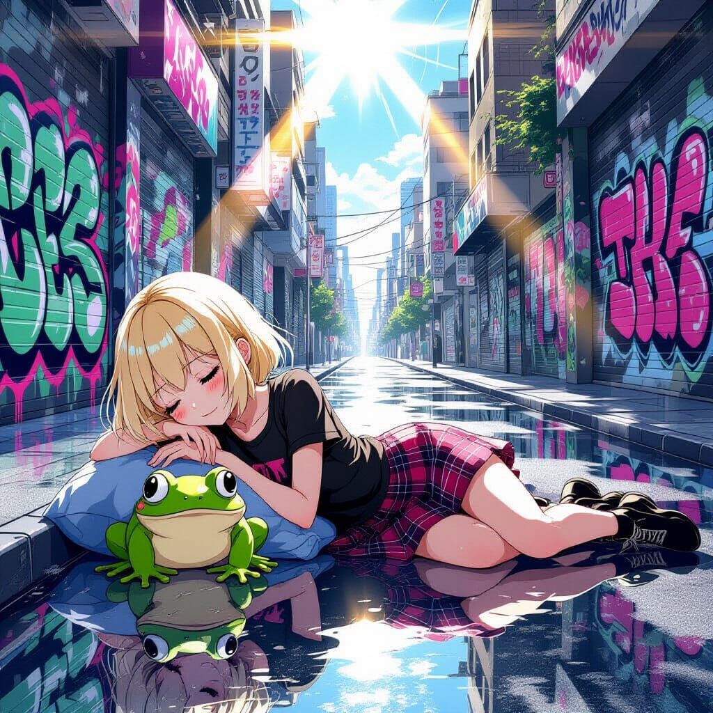 Mystical Anime Girl Sleeping Peacefully on City Street