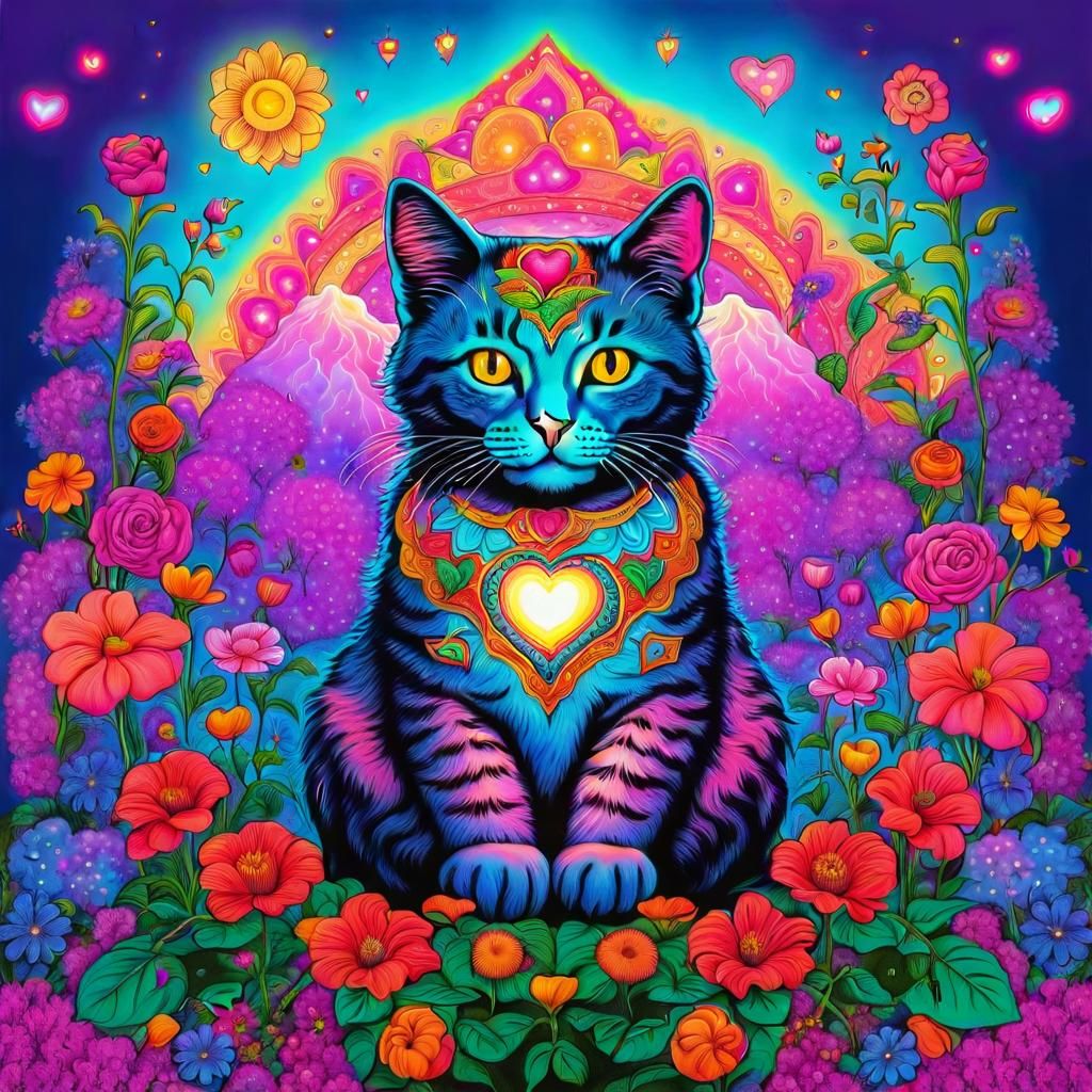 Cute Cat Surrounded by Flowers in Psychedelic Style