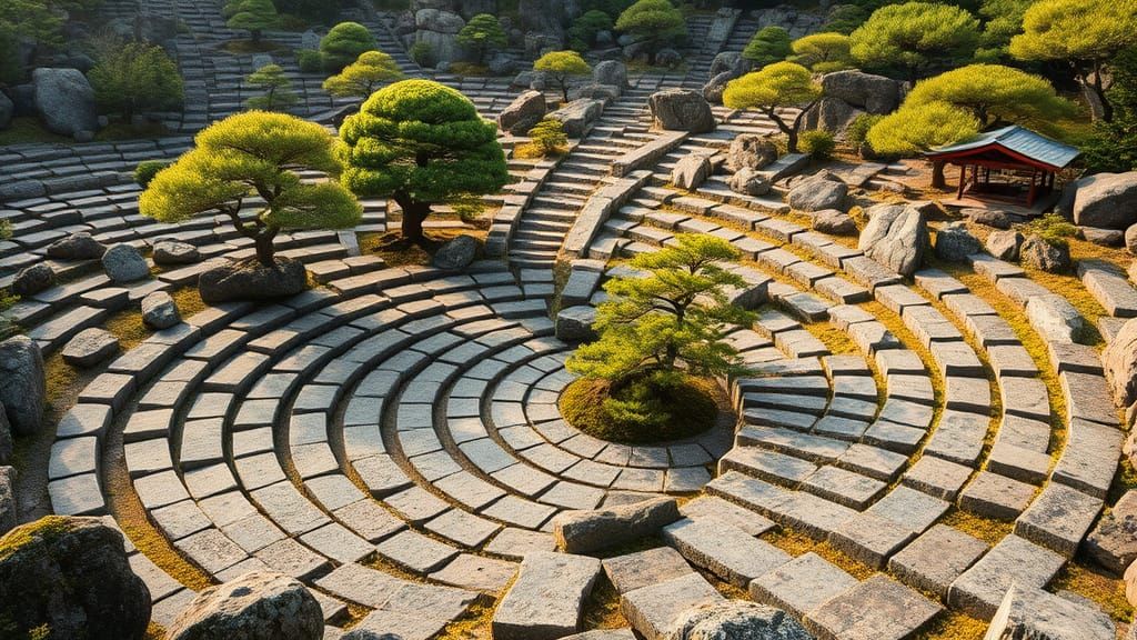 Ethereal Zen Garden of Infinite Stones in Warm Golden Light