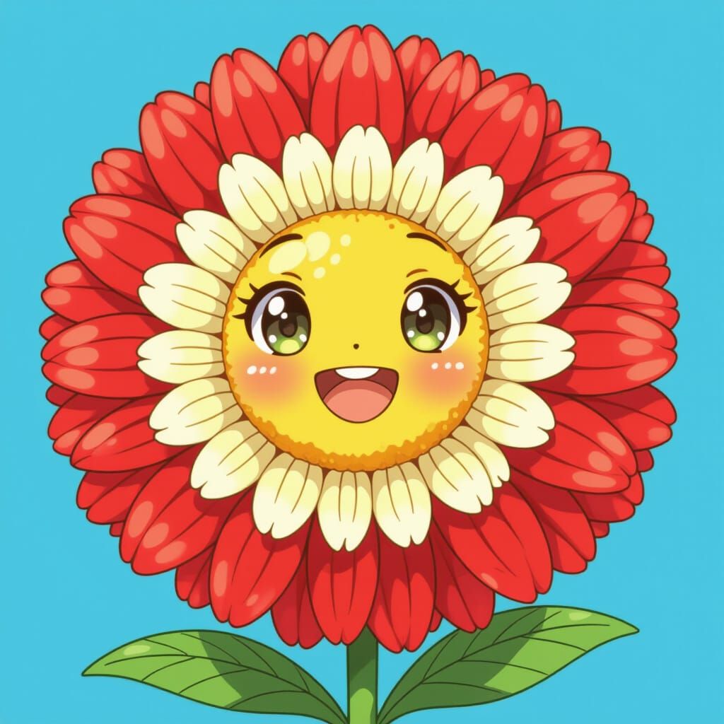 Smiling Flower with Red Petals in Anime Style