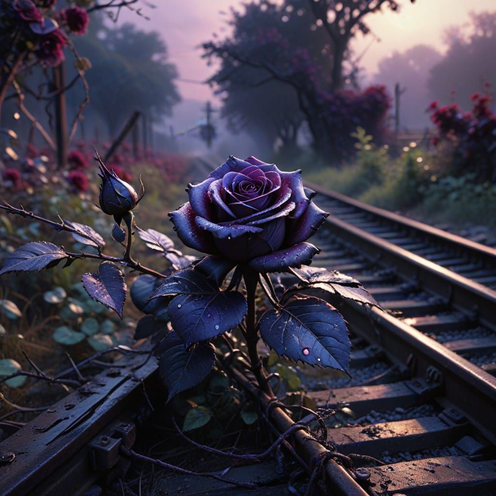 Gothic Black Rose on Tracks with Locomotive in Ethereal Pain...