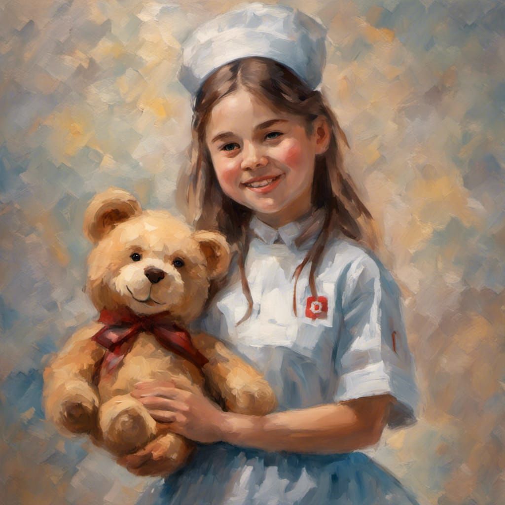Girl in Nurse Uniform with Teddy Bear as Impasto Painting