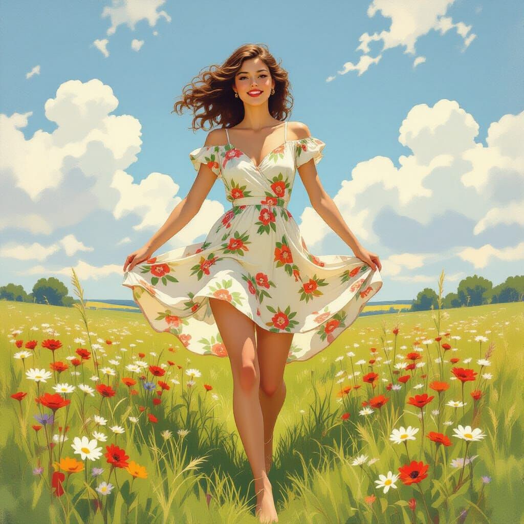 Elegant Woman Dancing in Meadow, Art Nouveau Style